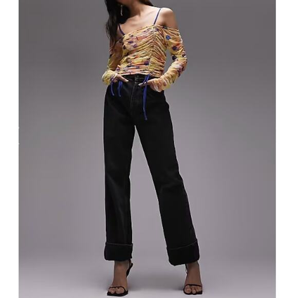 New TOPSHOP NORDSTROM Mesh Printed Long Sleeve Ruched Bardot Top Size 12 - Picture 9 of 9